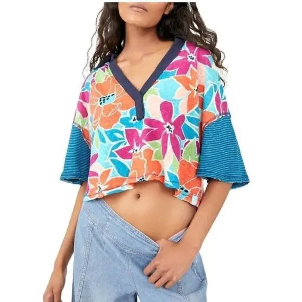 Free People On A Boat Boxy Crop Polo XS Coastal Floral NWT